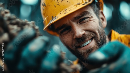 A construction worker in a yellow helmet and gloves is intensely focusing on a task, showcasing a close-up view of their hands and equipment, highlighting determination. photo