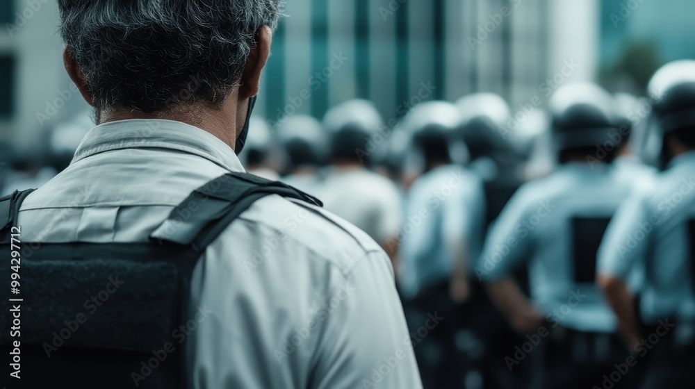 Back view of a police officer with grey hair and uniform, observing a gathering of fellow officers in the background, all part of a calm yet serious atmosphere of law enforcement. Back view of a police officer with grey hair and uniform, observing a gathering of fellow officers in the background, all part of a calm yet serious atmosphere of law enforcement.