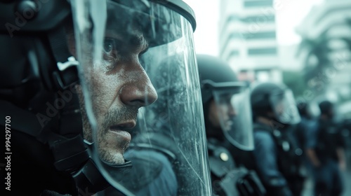 Riot police stand in a line with protective gear and shields, ready for action during a city protest. The image highlights tension and preparedness in an urban setting. photo