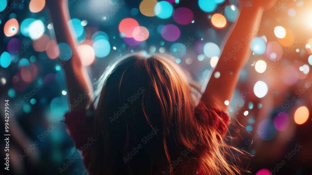 A child waving arms in the air from the back, with vivid colorful light effects surrounding them, portraying exuberance, freedom, and happiness in a fantastical setting. A child waving arms in the air from the back, with vivid colorful light effects surrounding them, portraying exuberance, freedom, and happiness in a fantastical setting.