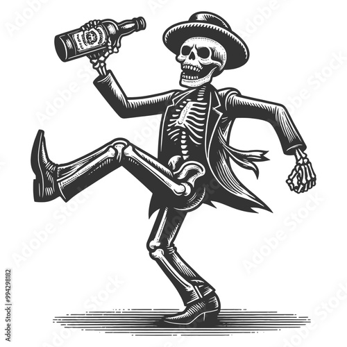 skeleton dancing with bottle of whiskey, embodying a festive, humorous spirit sketch engraving generative ai vector illustration. Scratch board imitation. Black and white image.