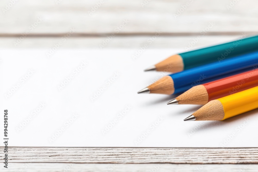 Colorful pencils arranged on a blank paper sheet, showcasing vibrant hues, perfect for artistic projects.