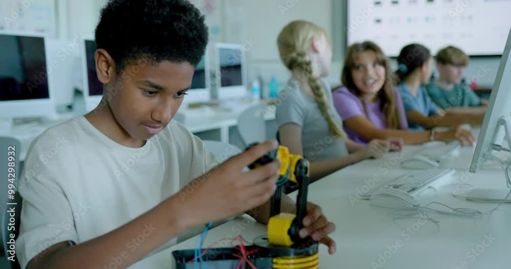 School Children in STEM Computer Classroom, Looking at Robot arm