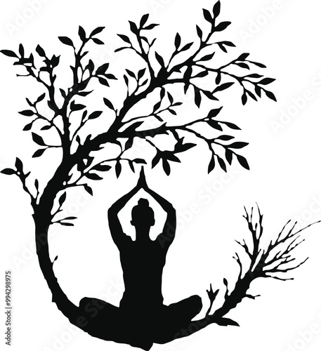 Woman meditation with round tree vector for T-Shirt Design , Poster, Mug, calendar, book cover. Yoga with tree silhouette. meditation with nature.