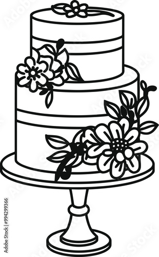 Cake is decorated with colorful flowers on each tier, creating a beautiful and elegant design.