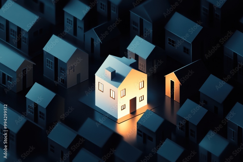 Fototapeta premium an illuminated white house standing out among other dark houses, representing the concept of home and unique product in the real estate market Generative AI