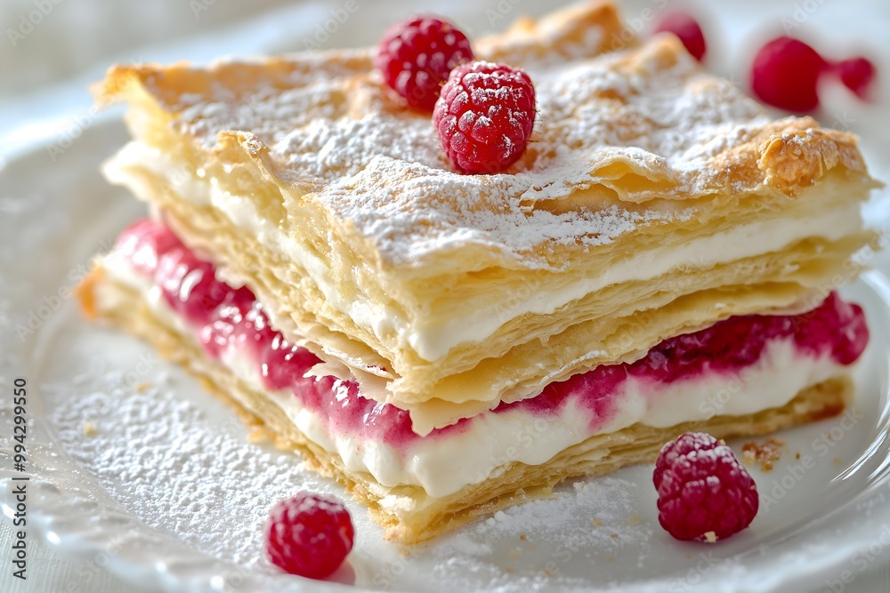 Homemade Shortcut Lemon-raspberry Mille-feuille, Crispy Layers Of Puff Pastry, Swirls Of Raspberry Jam Spread, Dessert Food Photography, Dessert Menu Style Photo Image