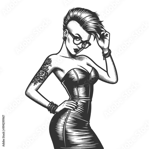 Stylish punk woman, mohawk and tattoos adjusting her glasses, alternative fashion sketch engraving generative ai fictional character vector illustration. Scratch board imitation. Black and white image