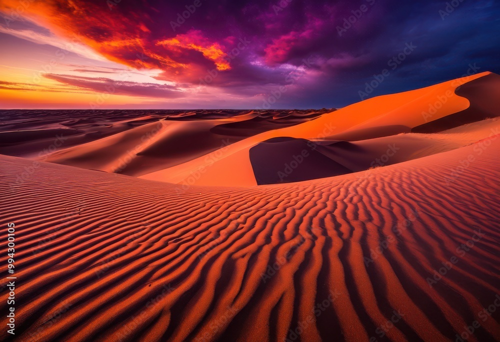 Naklejka premium majestic vast sand dunes bathed glow dramatic sunset sky striking colors patterns, desert, landscape, nature, view, scenery, horizon, bright, light