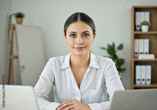 classic v-neck shirt, corporate roles at work, new chief financial officer in a meeting, faded background early afternoon, aesthetically pleasing and stylish, director portrait