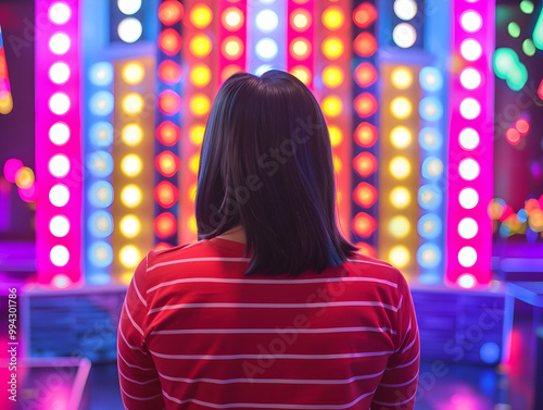 Contestant eagerly answers questions on brightly lit game show set, surrounded by buzzing excitement. photo