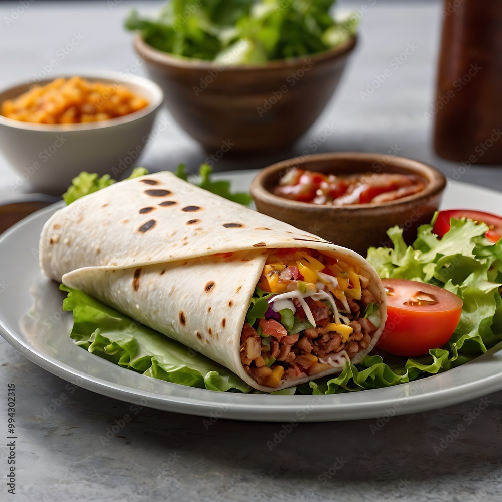 Delicious Classic Burrito with Fresh Ingredients assortment Served with some salad, Tasty delicious burrito wrap roll with meat, pepper, avocado, rice, beans Delicious Classic Burrito with Fresh Ingredients assortment Served with some salad, Tasty delicious burrito wrap roll with meat, pepper, avocado, rice, beans