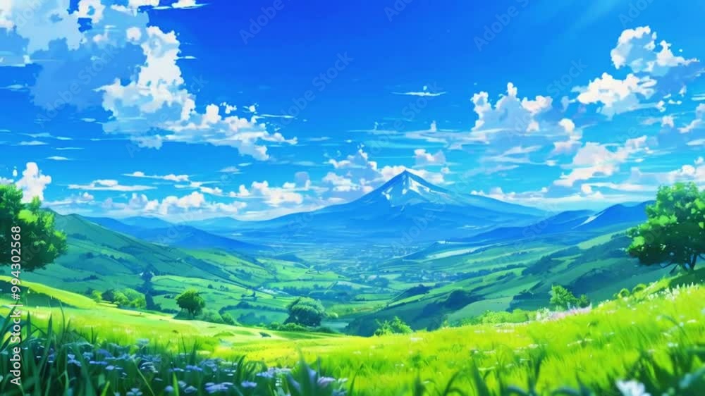 Lo-fi of beautiful summer anime vibrant meadow filled with colorful wildflowers seasonal landscape hills and mountain, sky and clouds. Anime cartoon, Manga Anime style 4K Animation video Lo-fi of beautiful summer anime vibrant meadow filled with colorful wildflowers seasonal landscape hills and mountain, sky and clouds. Anime cartoon, Manga Anime style 4K Animation video