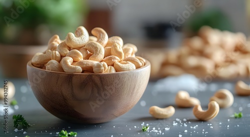 There is a bowl of cashew nuts on the table, some scattered around it and others in the background. Cashews have an attractive brown color and are very fresh and refreshing with a delicious saltiness 