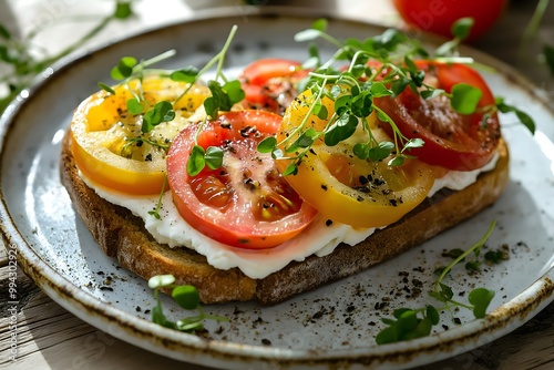 Rustic Open Sandwich With Heirloom Tomatoes, Goat Cheese, And Microgreens, Placed On A Vintage Plate, Food Photography, Food Menu Style Photo Image