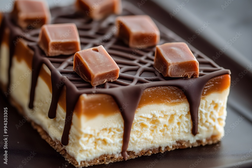 A Slice Of Cream Cheese Chose Drizzled With Chocolate And Topped With Caramel In Restaurant Interior,, Dessert Food Photography, Dessert Menu Style Photo Image A Slice Of Cream Cheese Chose Drizzled With Chocolate And Topped With Caramel In Restaurant Interior,, Dessert Food Photography, Dessert Menu Style Photo Image