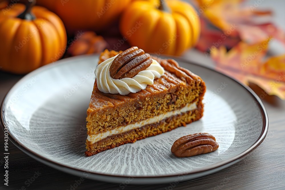 A Slice Of Homemade Pumpkin Cake With Pecan Nuts, Backdrop Of Pumpkins And Fall Decorations, Dessert Food Photography, Dessert Menu Style Photo Image A Slice Of Homemade Pumpkin Cake With Pecan Nuts, Backdrop Of Pumpkins And Fall Decorations, Dessert Food Photography, Dessert Menu Style Photo Image