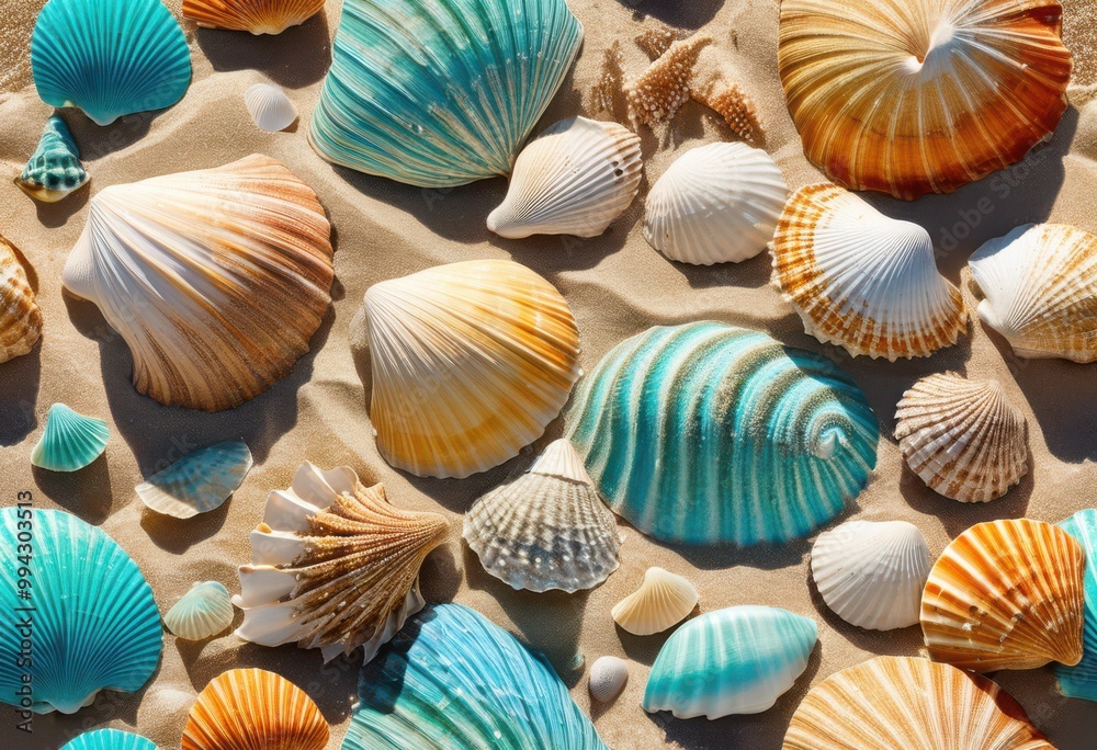 colorful seashells lying smooth sandy beach clear blue ocean waves gently lapping shoreline, coastline, seaside, tropical, nature, marine, sunlight, landscape colorful seashells lying smooth sandy beach clear blue ocean waves gently lapping shoreline, coastline, seaside, tropical, nature, marine, sunlight, landscape