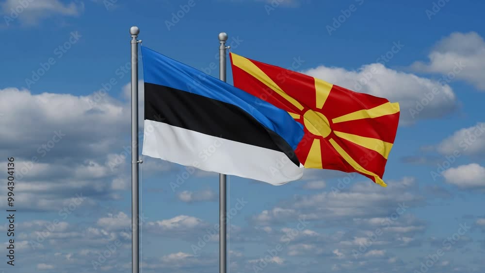 Estonia and North Macedonia flags flying together, video concept of the relationship Estonia and North Macedonia flags flying together, video concept of the relationship