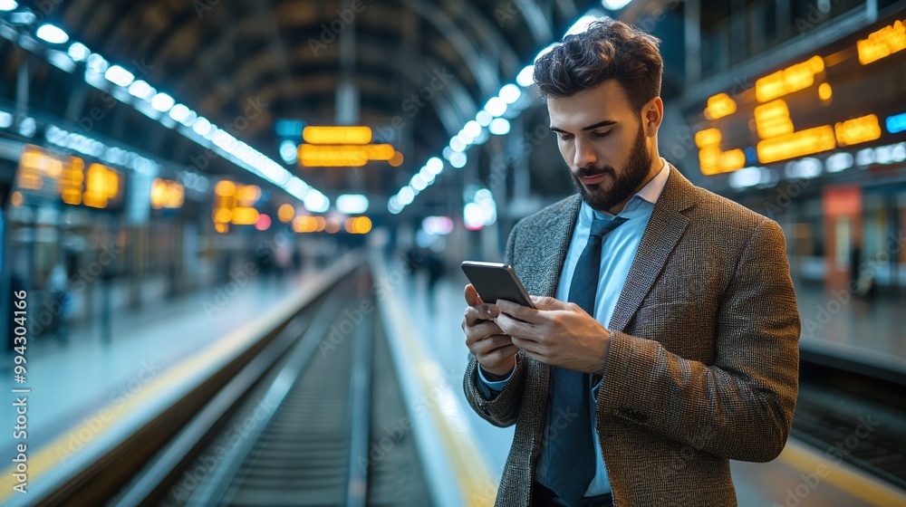 Obraz premium businessman checking his smartphone at a modern train station, navigating his commute with mobile connectivity, highlighting professional mobility and digital communication