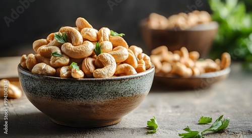 There is a bowl of cashew nuts on the table, some scattered around it and others in the background. Cashews have an attractive brown color and are very fresh and refreshing with a delicious saltiness 