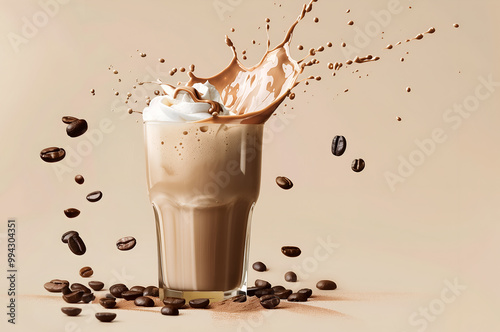 Creative food template. Close up Topping of roasted coffee bean glass of milk milkshake yoghurt smoothie with liquid droplet splash splashing swirl on cream background. copy text space photo