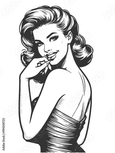 Playful smiling beautiful young woman flirty biting her finger sketch engraving generative ai fictional character vector illustration. Scratch board imitation. Black and white image.