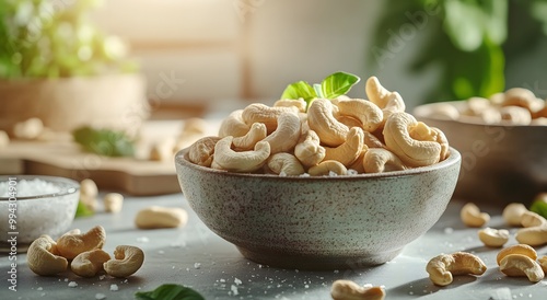 There is a bowl of cashew nuts on the table, some scattered around it and others in the background. Cashews have an attractive brown color and are very fresh and refreshing with a delicious saltiness 