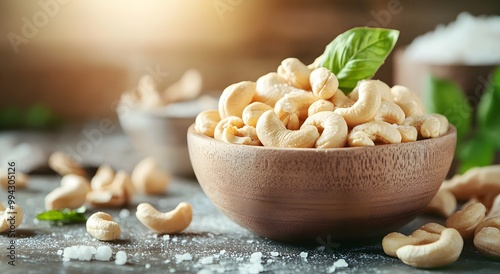There is a bowl of cashew nuts on the table, some scattered around it and others in the background. Cashews have an attractive brown color and are very fresh and refreshing with a delicious saltiness 
