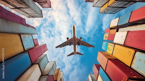 cargo plane flying over a busy seaport with towering container stacks, showcasing the intersection of aviation and shipping in the modern logistics industry