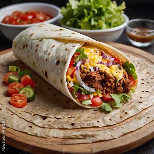 Delicious Classic Burrito with Fresh Ingredients assortment Served with some salad, Tasty delicious burrito wrap roll with meat, pepper, avocado, rice, beans