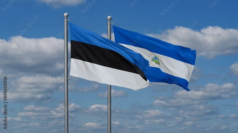 Nicaragua and Estonia flags flying together, video concept of the relationship, two country relations concept Nicaragua and Estonia flags flying together, video concept of the relationship, two country relations concept