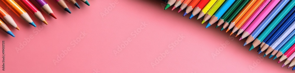 A vibrant collection of colored pencils arranged on a soft pink background, perfect for art and creativity themes, background with copy space A vibrant collection of colored pencils arranged on a soft pink background, perfect for art and creativity themes, background with copy space