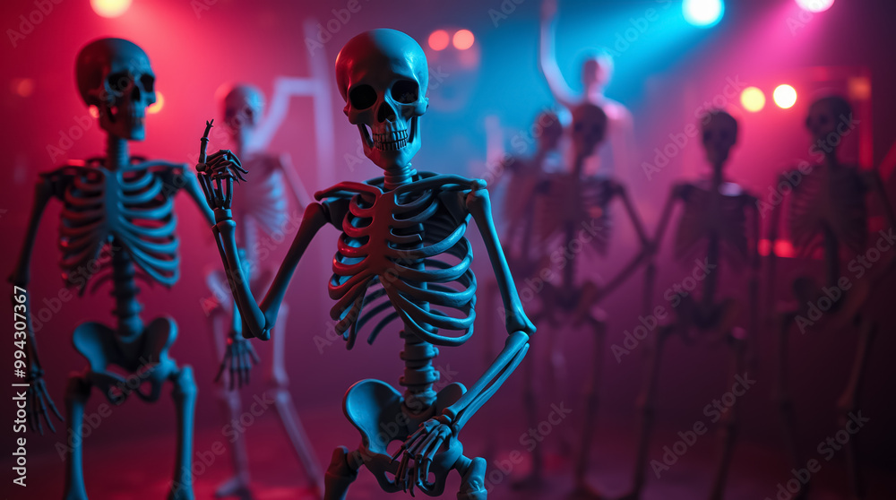 A group of skeletons engages in lively dancing amidst colorful lights at a Halloween party, creating a festive and energetic ambiance that entertains guests A group of skeletons engages in lively dancing amidst colorful lights at a Halloween party, creating a festive and energetic ambiance that entertains guests