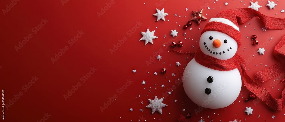 Charming snowman with red scarf and festive decorations on a bright red background, perfect for holiday-themed projects, background with copy space Charming snowman with red scarf and festive decorations on a bright red background, perfect for holiday-themed projects, background with copy space