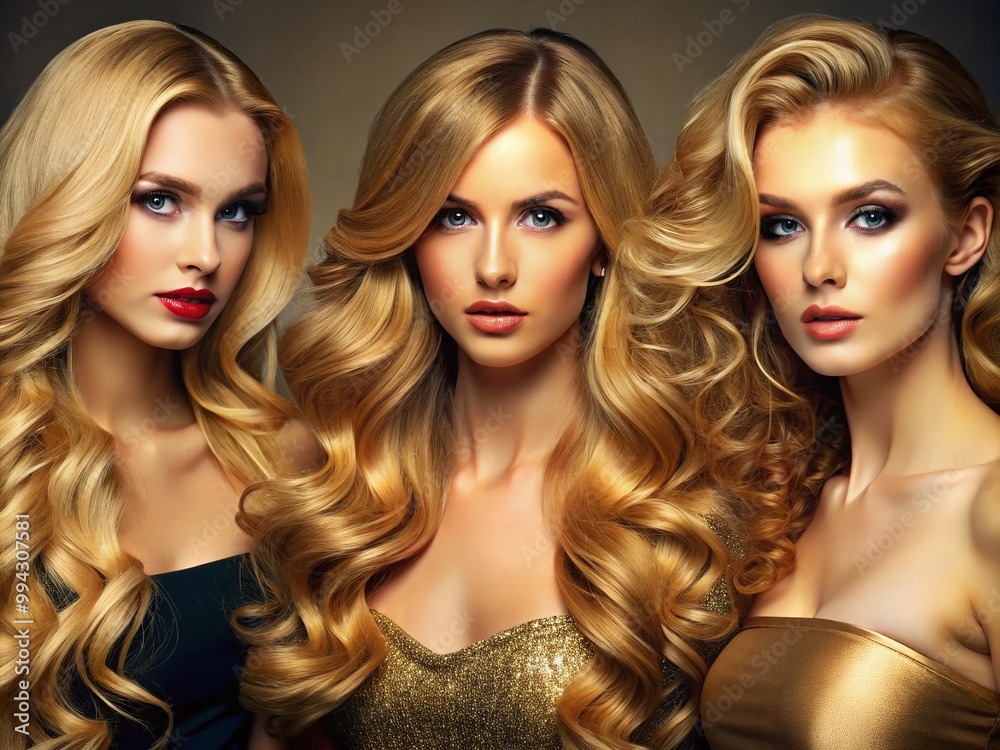 Naklejka premium Long Golden Blonde Hairstyles for Women Featuring Waves, Curls, and Straight Styles in Various Settings