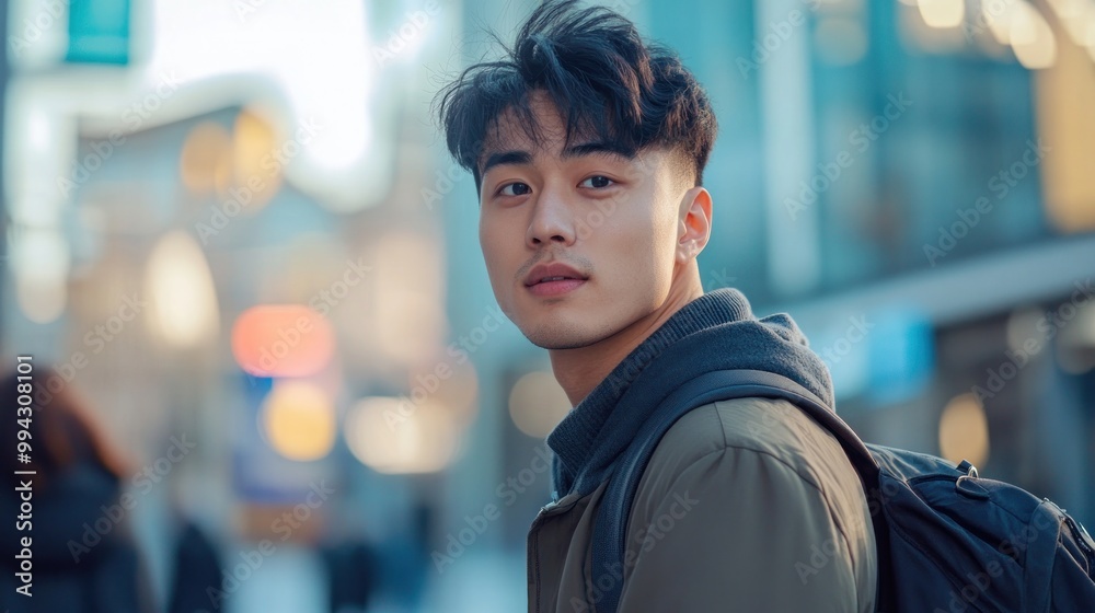 Asian man in modern urban environment, dynamic composition Asian man in modern urban environment, dynamic composition
