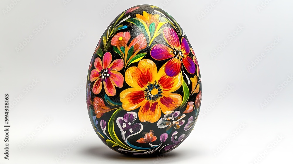 A beautifully decorated Easter egg, hand-painted with floral designs and vibrant colors A beautifully decorated Easter egg, hand-painted with floral designs and vibrant colors