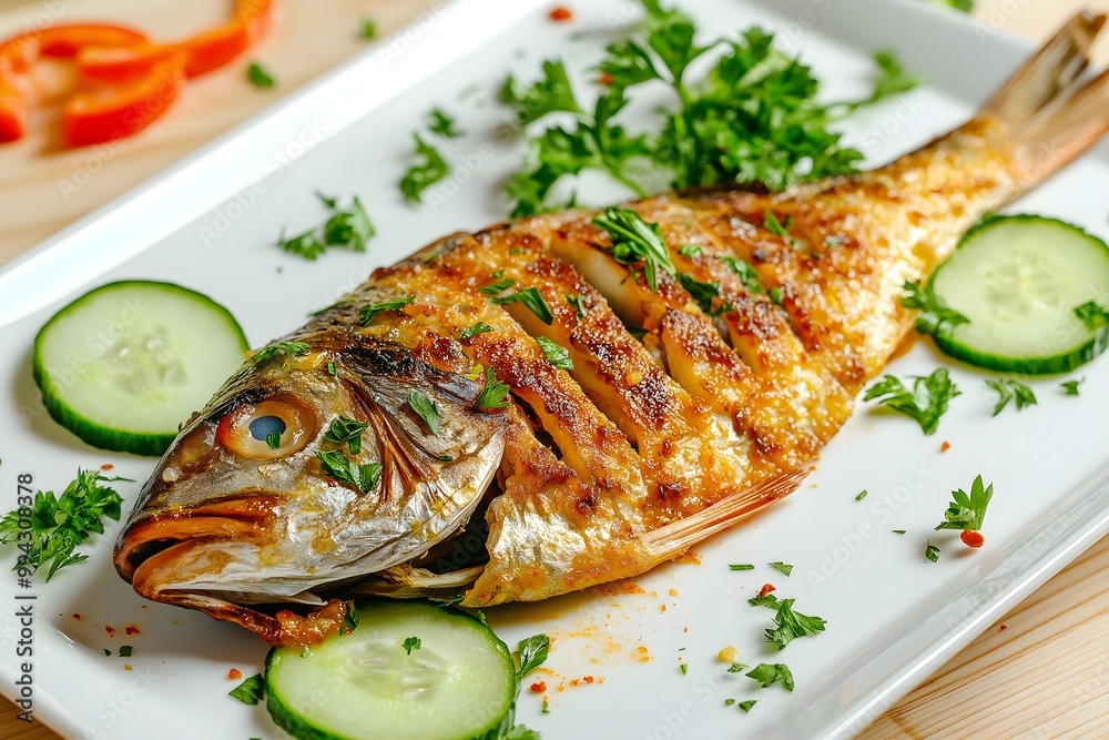 Fish Grilled With Cucumber Slices And Parmesan On White Ceramic Plate, Food Photography, Food Menu Style Photo Image Fish Grilled With Cucumber Slices And Parmesan On White Ceramic Plate, Food Photography, Food Menu Style Photo Image