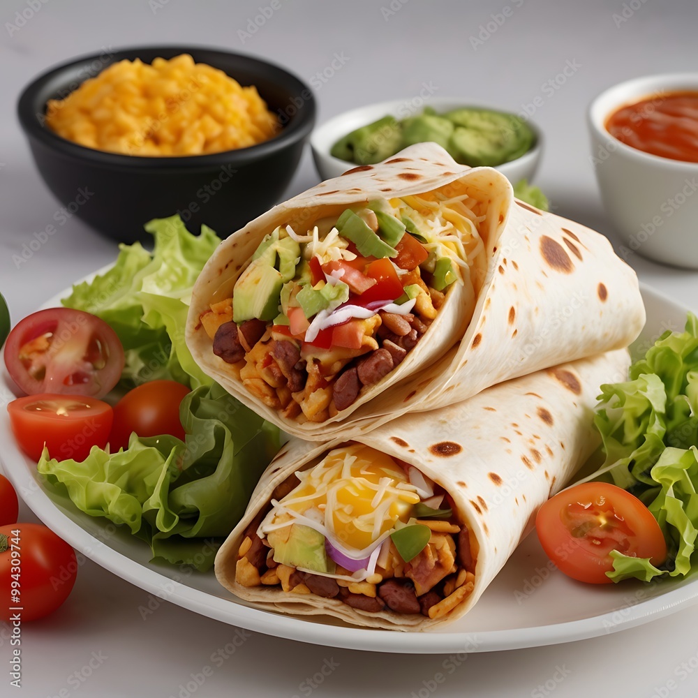 Delicious Classic Burrito with Fresh Ingredients assortment Served with some salad, Tasty delicious burrito wrap roll with meat, pepper, avocado, rice, beans