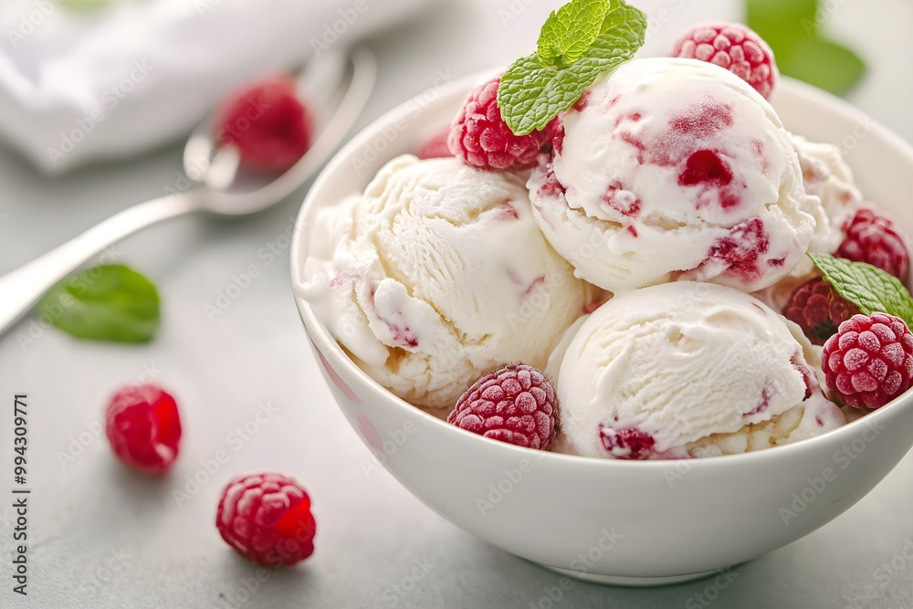 Bowl Of Creamy Ice Cream Topped With Fresh Raspberries And A Hint Of Mint, Perfect For Summer Treats, Professional Background, Dessert Food Photography, Dessert Menu Style Photo Image Bowl Of Creamy Ice Cream Topped With Fresh Raspberries And A Hint Of Mint, Perfect For Summer Treats, Professional Background, Dessert Food Photography, Dessert Menu Style Photo Image