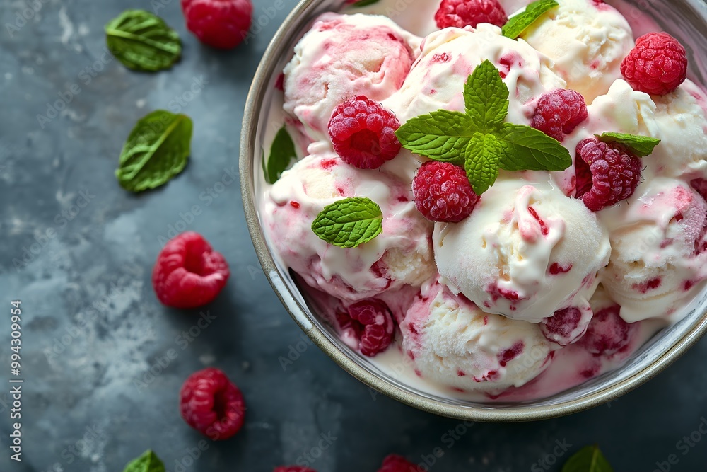 Bowl Of Creamy Ice Cream Topped With Fresh Raspberries And A Hint Of Mint, Perfect For Summer Treats, Professional Background, Dessert Food Photography, Dessert Menu Style Photo Image Bowl Of Creamy Ice Cream Topped With Fresh Raspberries And A Hint Of Mint, Perfect For Summer Treats, Professional Background, Dessert Food Photography, Dessert Menu Style Photo Image