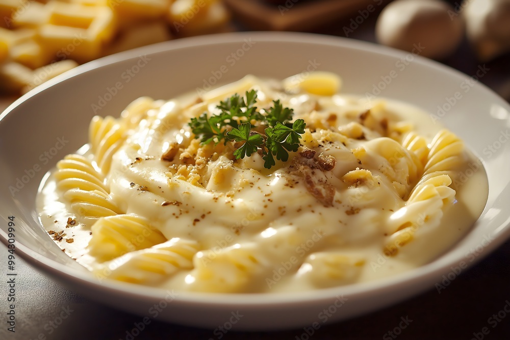 Italian Gourmet Gastronomy Fussili Pasta With White Béchamel Sauce Cream On Top, Food Photography, Food Menu Style Photo Image Italian Gourmet Gastronomy Fussili Pasta With White Béchamel Sauce Cream On Top, Food Photography, Food Menu Style Photo Image