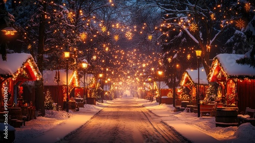 Christmas market stalls decorated with lights at night selling festive food and beverages