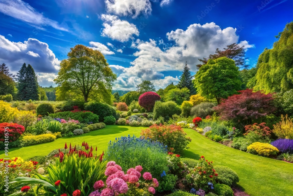 Lush Green Garden Landscape with Vibrant Flowers and Foliage Under Bright Blue Sky in Springtime Lush Green Garden Landscape with Vibrant Flowers and Foliage Under Bright Blue Sky in Springtime