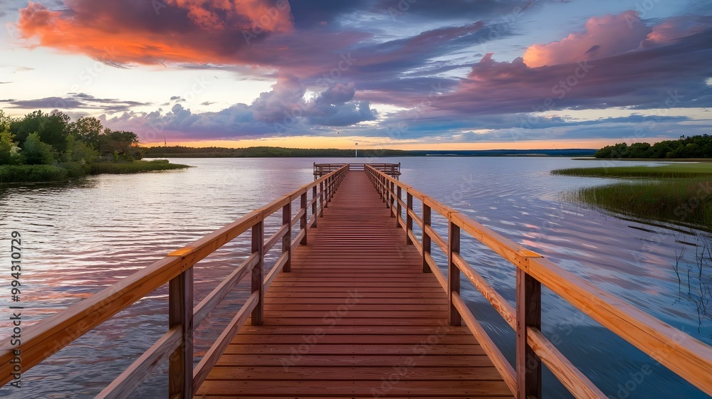 Obraz premium A picturesque wooden dock stretches into a serene body of water at sunset, surrounded by vibrant clouds reflecting hues of pink, orange, and purple. This tranquil scene captures the essence of nature
