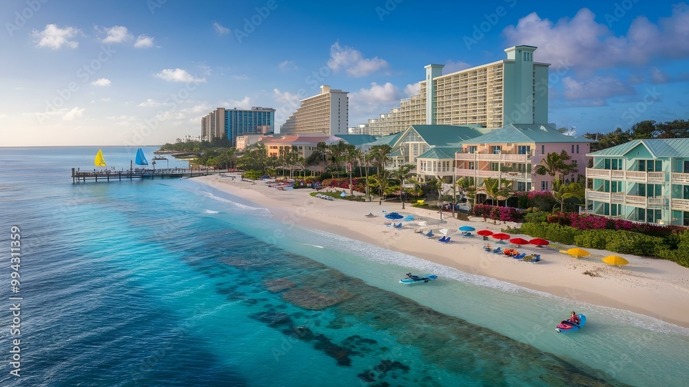 Stunning aerial view of a tropical beach resort featuring crystal-clear waters, colorful sailboats, and vibrant beach umbrellas, showcasing the perfect getaway spot for relaxation and adventure Stunning aerial view of a tropical beach resort featuring crystal-clear waters, colorful sailboats, and vibrant beach umbrellas, showcasing the perfect getaway spot for relaxation and adventure