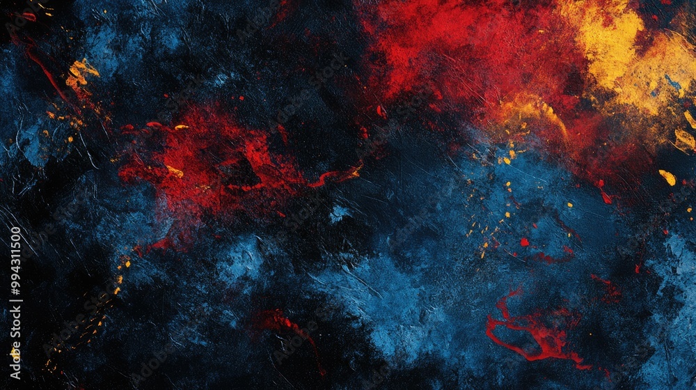 Abstract texture background in blue black and red featuring dark hues with splashes of red and yellow paint showcasing a textured canvas and dynamic brush strokes Abstract texture background in blue black and red featuring dark hues with splashes of red and yellow paint showcasing a textured canvas and dynamic brush strokes