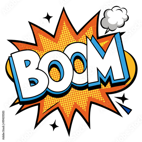 a comic-style graphic with the word "BOOM" in large, bold letters. The letters are white with blue outlines and are set against an orange and yellow explosion shape with black outlines