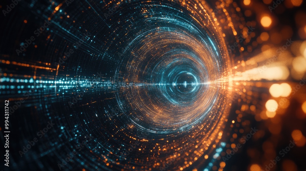 Abstract light particles radiating in a circular pattern representing data transmission velocity and the concept of light speed in a visual background